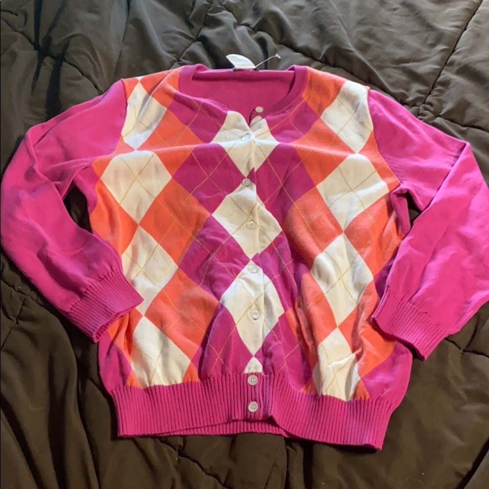 Pink/orange/white argyle button up sweater